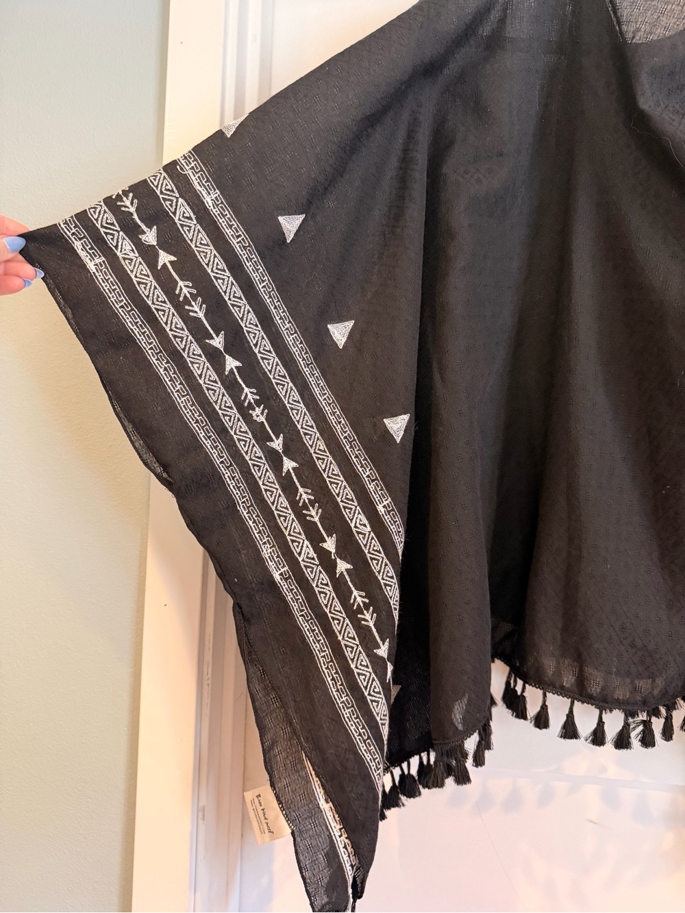 Three Bird Nest Black Poncho with White Geometric Trim - Picture 2 of 5